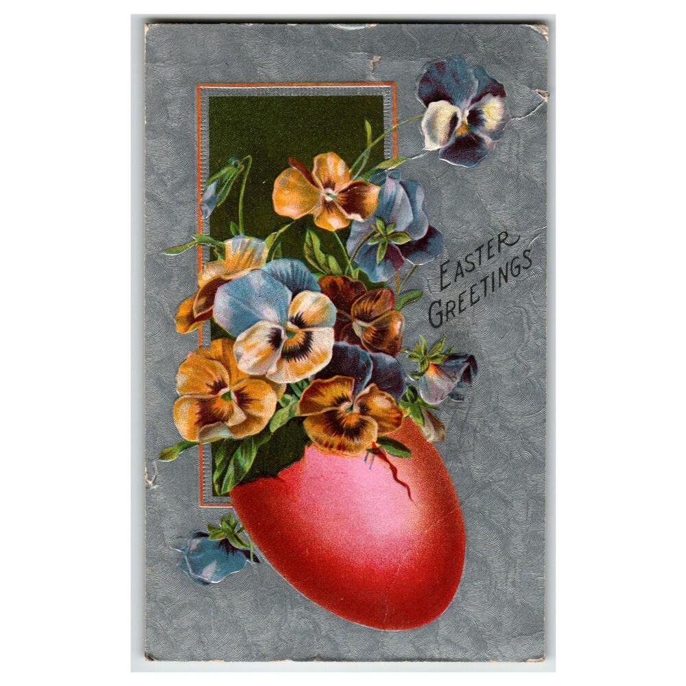 1909 Easter Greetings Postcard Cracked Egg Pansies Flowers Posted